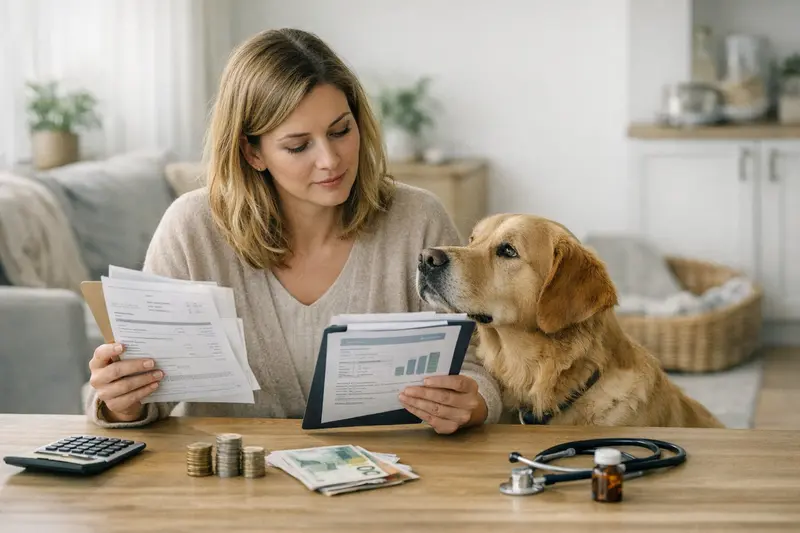 Hund beim Tierarzt zur Tarifberatung Ein Hund bei einer Untersuchung beim Tierarzt, der die Kosten und Tarife bespricht.