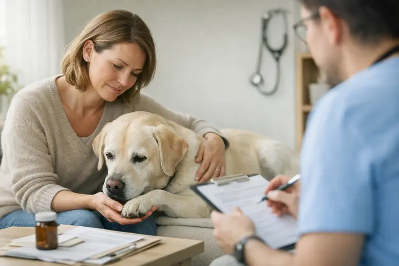 Hundehalter bespricht mit Tierarzt die Auswirkungen von Vorerkrankungen auf die Versicherung.