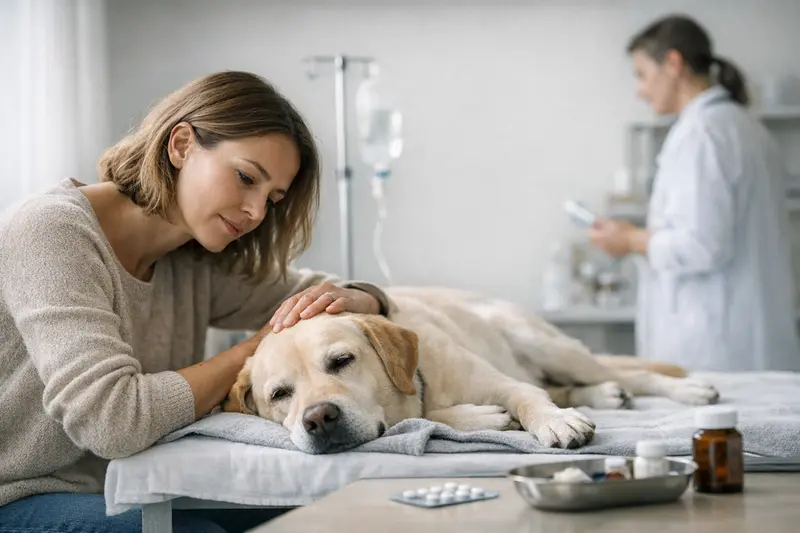 Frau mit Hund beim Tierarzt, der eine Vergiftung behandelt.