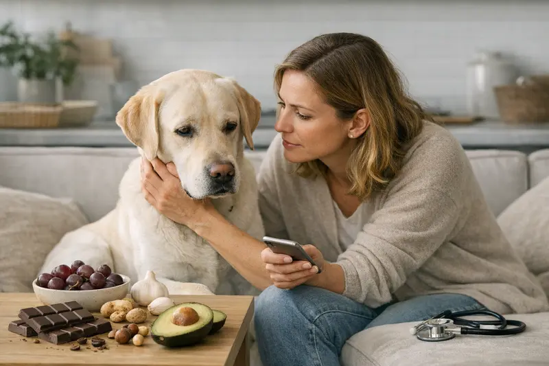 Ein Hund schaut besorgt auf eine Liste von Lebensmitteln, die für ihn riskant sein könnten.