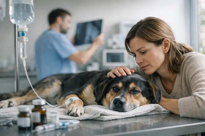 Tierarztkosten bei Hundevergiftungen Tierarzt, der einen Hund nach einer Lebensmittelvergiftung untersucht