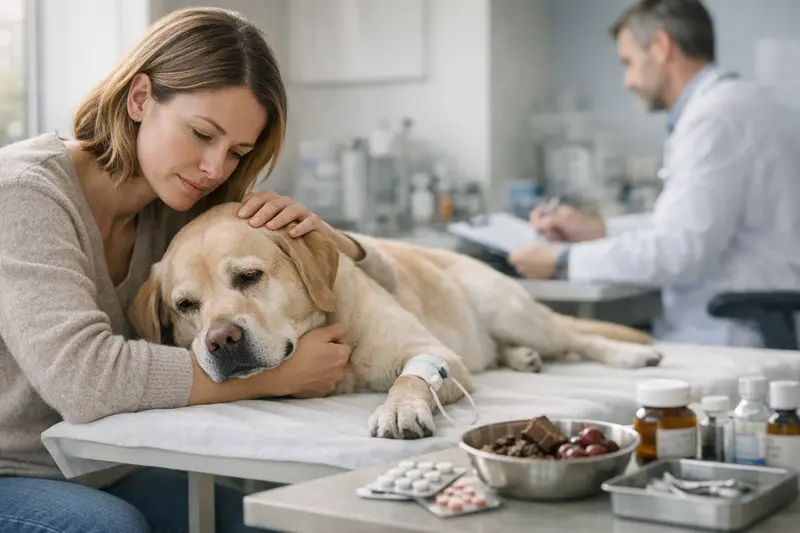 Ein Hund beim Tierarzt, wobei Diagnose- und Behandlungskosten überprüft werden, um Versicherungsoptionen zu vergleichen.