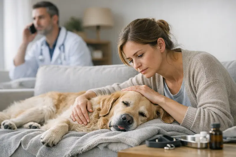 Ein Hund mit Bauchschmerzen sucht Hilfe beim Tierarzt während eines Notfalls.