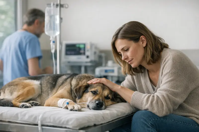 Hund bei Notfallbehandlung aufgrund von Vergiftung Hund in tierärztlicher Behandlung bei Vergiftung mit Infusion.