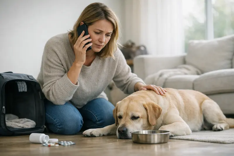 Ein besorgter Hundebesitzer hält seinen Hund, der erbricht, während ein Tierarzt beraten wird.