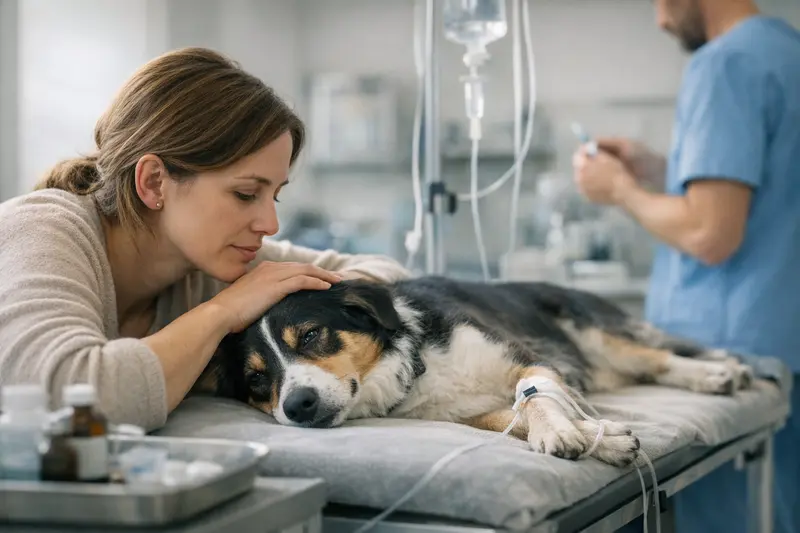 Notfalluntersuchung für Hunde Ein Hund beim Tierarzt zur Notfalluntersuchung mit einem besorgten Halter.