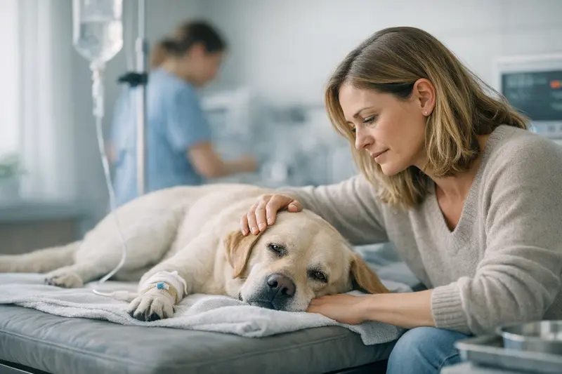 Tierarztbesuch bei Vergiftung eines Hundes Eine besorgte Hundefamilie besucht den Tierarzt aufgrund einer Vergiftung.