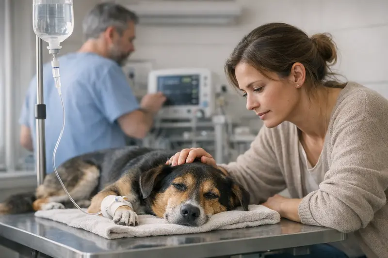 Tierarztkosten bei Hundevergiftungen Tierarzt behandelt einen Hund mit Vergiftungssymptomen.