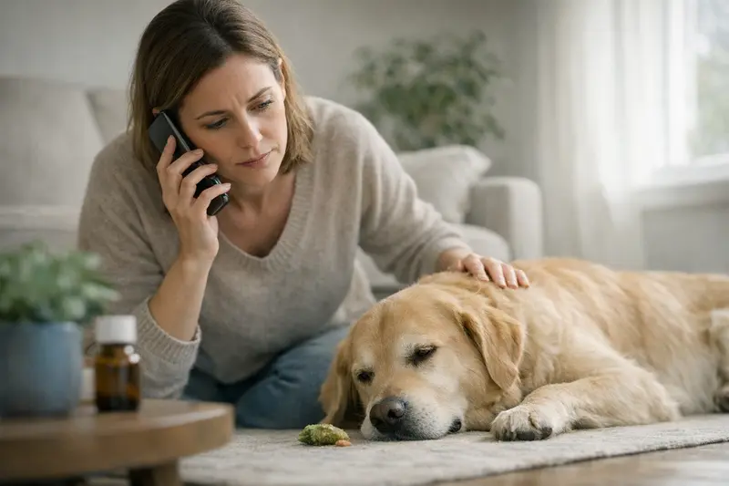 Erbrechen auslösen bei Hundevergiftung Tierarzt konsultiert mit Hundebesitzerin über Maßnahmen nach Hundevergiftung.