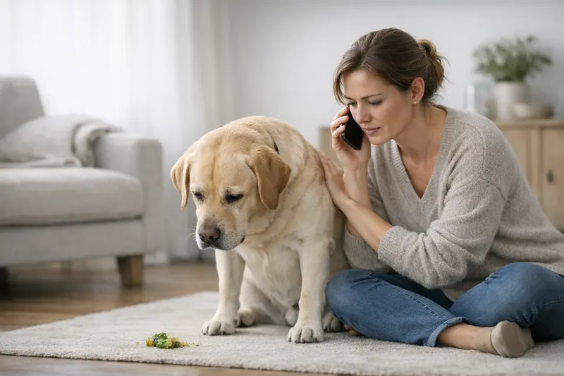 Hundevergiftung und Erste Hilfe Ein Hundebesitzer hält seinen Hund besorgt im Arm, weil er möglicherweise etwas Giftiges gefressen hat.