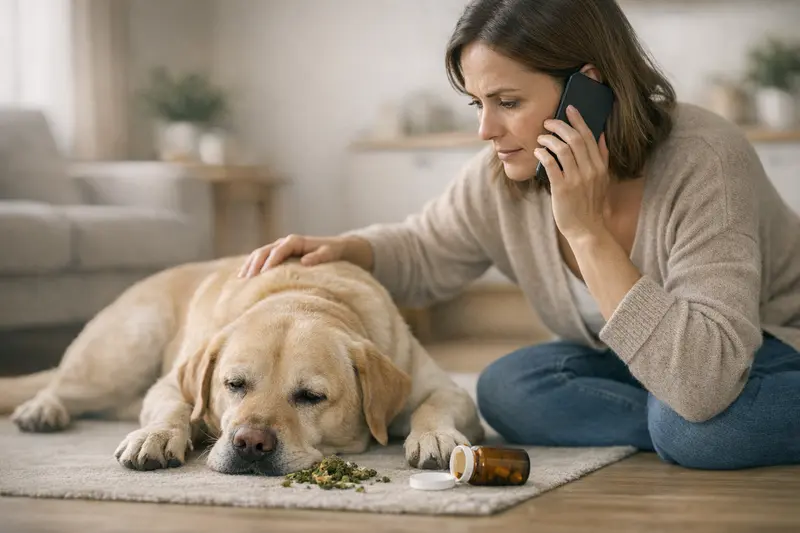 Tierarzt konsultieren bei Hundvergiftung Tierarzt untersucht einen Hund, der möglicherweise giftige Substanzen aufgenommen hat.