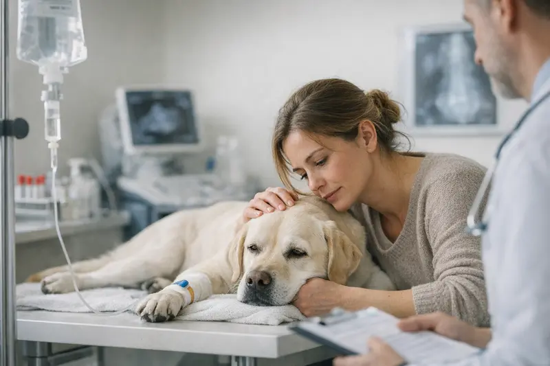 Ein Hundebesitzer, der mit seinem Hund zum Tierarzt geht, um sicherzustellen, dass er im Notfall gut abgesichert ist.