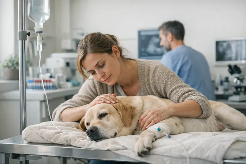 Ein Hund beim Tierarzt, der eine Notfalluntersuchung aufgrund von Vergiftungsverdacht erhält.
