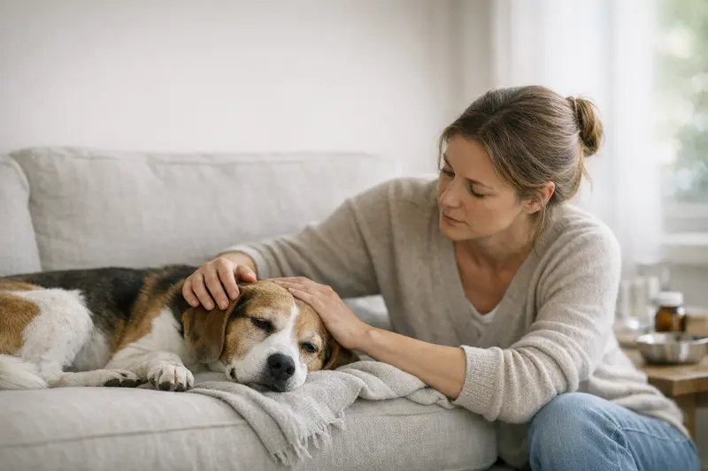 Symptome einer Hundevergiftung erkennen Ein besorgter Hundebesitzer beobachtet seinen Hund, der Anzeichen einer Vergiftung zeigt.