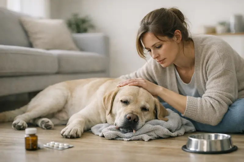 Hinweise auf Vergiftung bei Hunden Ein Hund zeigt Anzeichen einer Vergiftung mit Symptomen wie Erbrechen und Unruhe.