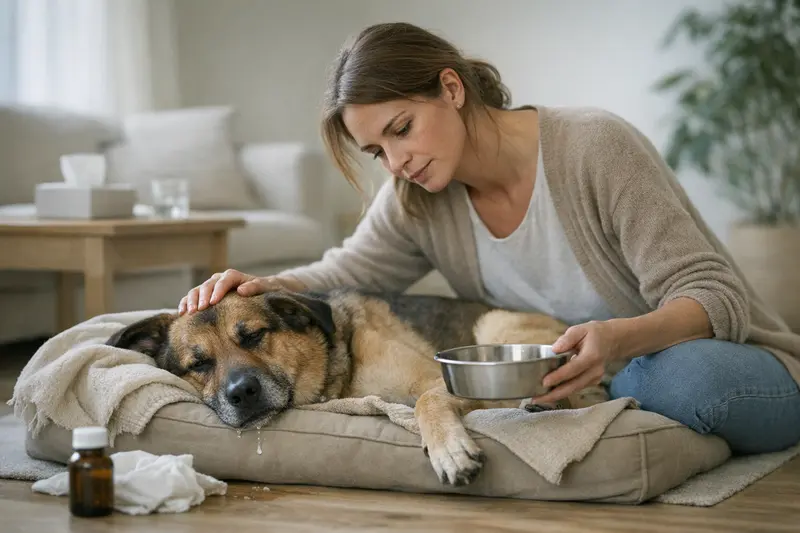 Hund mit Angst vor Vergiftung Ein Hund liegt besorgt neben seinem Futter Napf, ein Zeichen für mögliche Vergiftung.