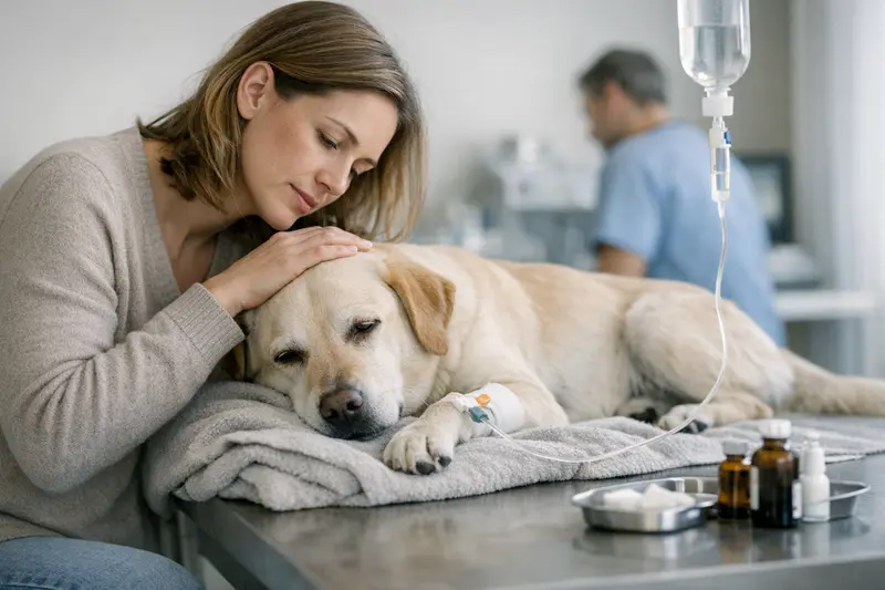 Hund beim Tierarzt wegen Vergiftung Hund wartet beim Tierarzt auf Behandlung nach Vergiftung.