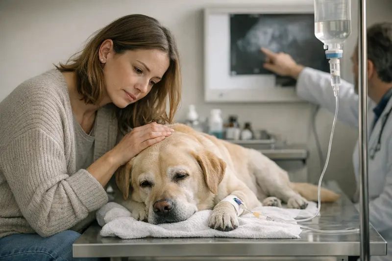 Tierarztuntersuchung bei Vergiftungssymptomen Ein Hund, der in einer Tierarztpraxis untersucht wird, um Vergiftungen auszuschließen.