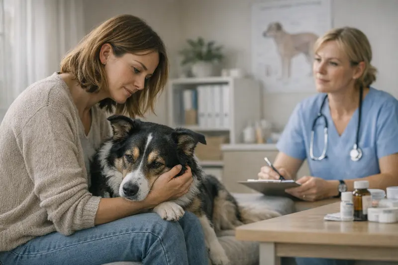 Tierärztliche Behandlung von Hundeverhaltensauffälligkeiten Hundehalter bespricht tierärztliche Behandlungsmöglichkeiten aufgrund von Verhaltensauffälligkeiten.