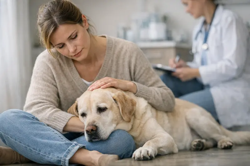 Hund beim Tierarzt wegen Verhaltensänderungen Ein Hund, der aufgrund von Verhaltensänderungen beim Tierarzt untersucht wird.