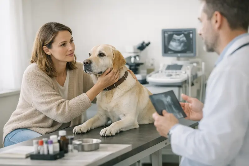 Tierarztkosten bei der Untersuchung eines Hundes Ein Hund wird von einem Tierarzt untersucht, während verschiedene diagnostische Geräte bereitstehen.