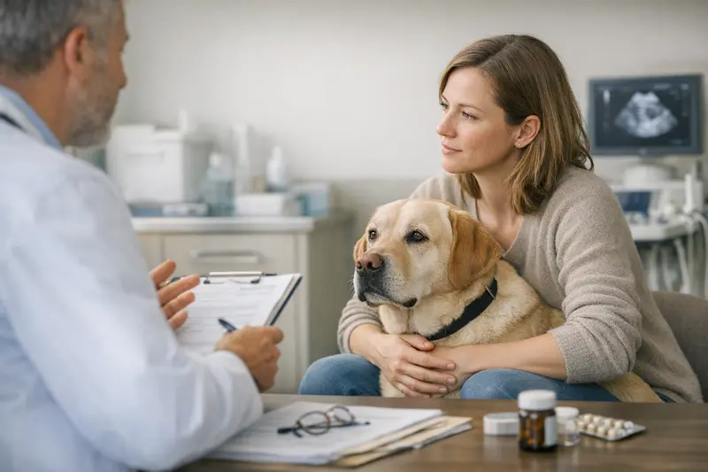 Hund Tierarzt Tarifvergleich Ein Hund besucht den Tierarzt zur Kostenklärung und Tarifvergleich seiner Versicherung.