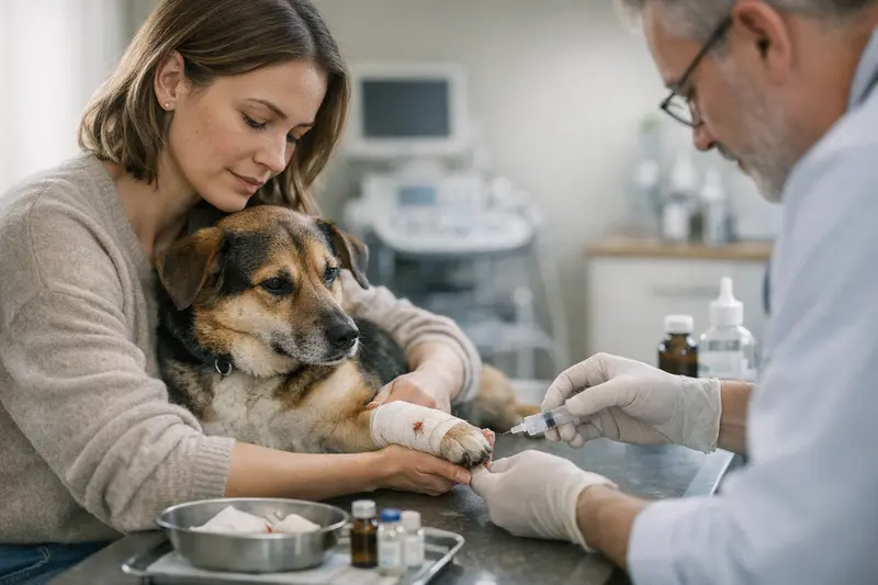 Bissverletzung Hund Tierarzt Ein Hund mit einer Bissverletzung wird von einem Tierarzt untersucht.