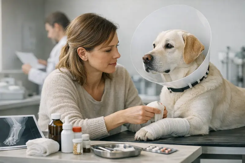 Wichtige Tarifmerkmale bei Hundeverletzungen Ein Hund beim Tierarzt, um Verletzungen zu behandeln und tierärztliche Leistungen abzusichern.