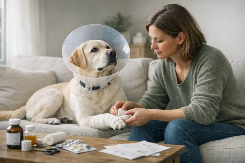 Hundehalter mit einem verletzten Hund beim Tierarzt, um die Auswirkungen einer Selbstbeteiligung zu verdeutlichen.