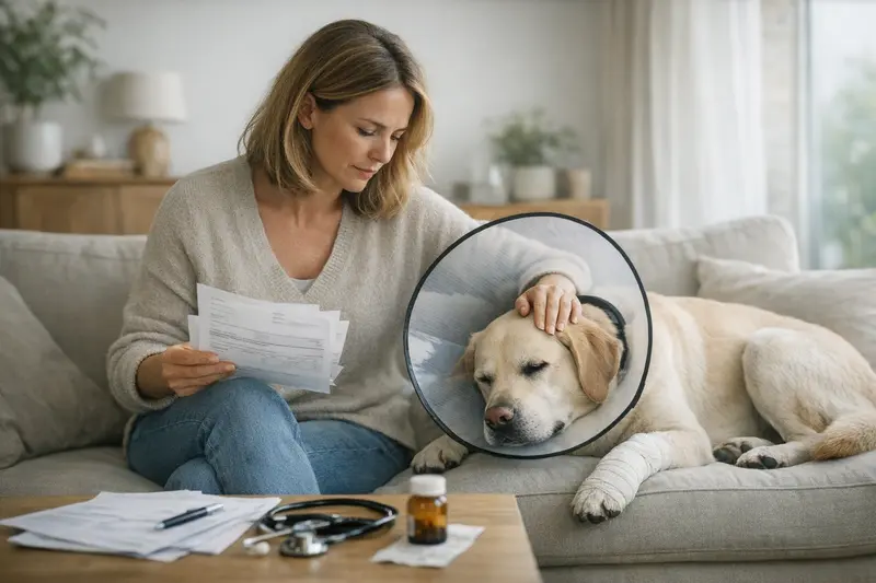 Wichtige Tarifdetails bei Hundeversicherungen Hundehalter prüft Versicherungsunterlagen vor einem Tierarztbesuch für seinen Hund.