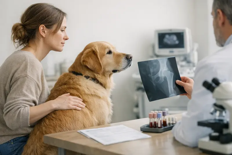 Ein Hund beim Tierarzt, der für eine Operation vorbereitet wird und zuvor untersucht wird.