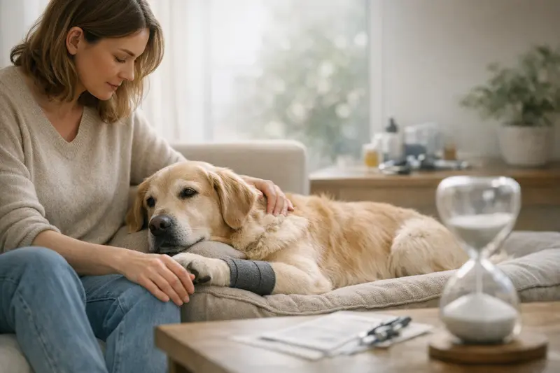Darstellung einer Tierärztin, die einen Hund untersucht und dabei die Wartezeiten bei Hundeversicherungen erläutert.