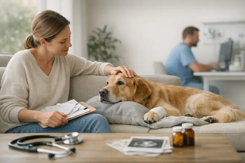 Ein gesunder Hund in einer Tierarztpraxis, der untersucht wird, um die Notwendigkeit einer Krankenversicherung zu verdeutlichen.