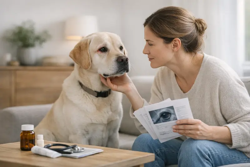 Tarifvergleich für Tierversicherungen Hundehalter vergleicht Versicherungstarife am Laptop, um optimale Tiergesundheit sicherzustellen.