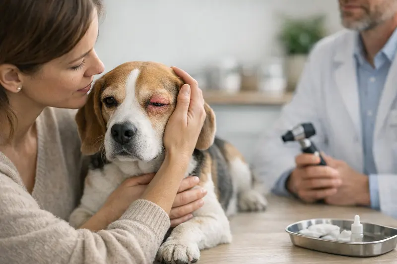 Tierarztbesuch bei Augenentzündung Ein Hund beim Tierarzt zur Untersuchung einer Augenentzündung, die Versicherungsfragen aufwirft.