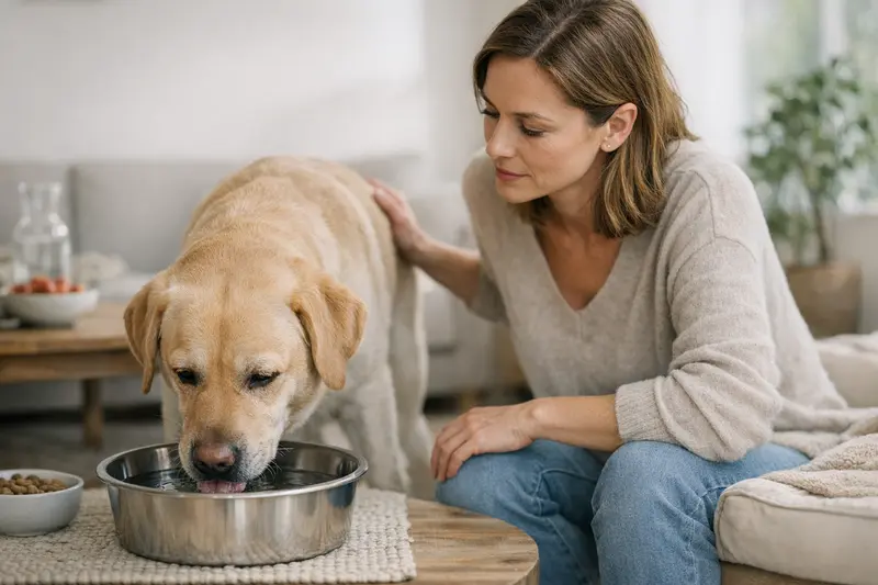 Durstverhalten bei Hunden Ein durstiger Hund mit Wassernapf, der auf Durstverhalten achtet.