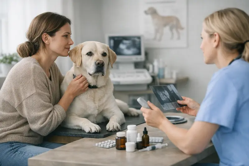 Eine Hundebesitzerin beim Tierarzt, die sich über Diagnostik und Medikamente informiert.