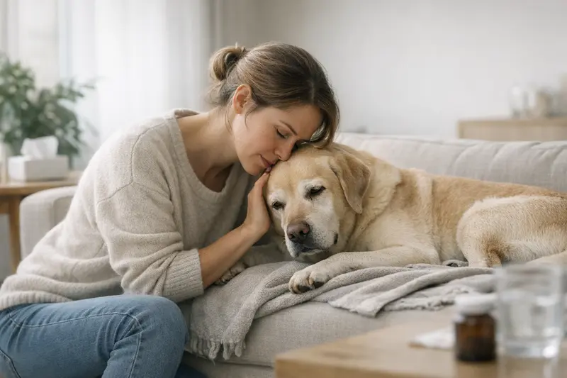 Hund mit gesundheitlichen Warnzeichen Ein Hund mit Anzeichen gesundheitlicher Probleme, wie Schmerzen und Müdigkeit, sollte schnell tierärztlich untersucht werden.