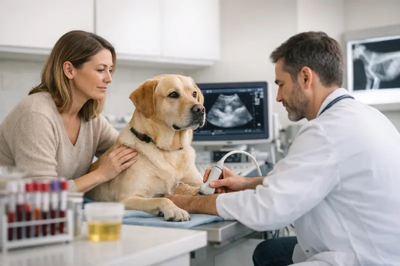 Tierarzt untersucht einen Hund auf häufiges Urinieren.