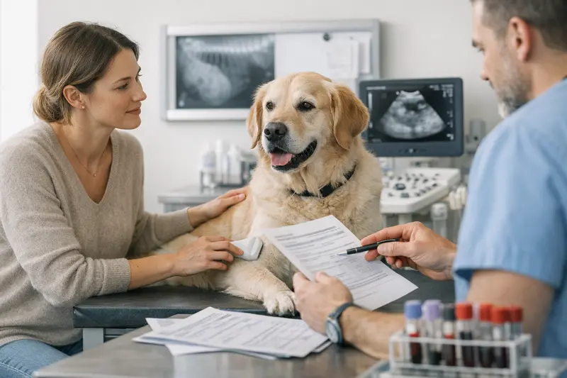 Tarifvergleich Hundekrankenversicherung Hund beim Tierarzt, während die Halterin die Tarifdetails für eine Krankenversicherung vergleicht.