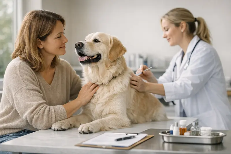 Hundevorsorge beim Tierarzt Ein Hund bei einer tierärztlichen Untersuchung zur Vorsorge