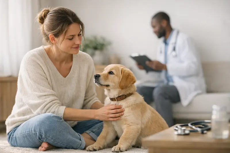 Frühzeitige Hundevericherung Ein glücklicher Hund mit einem Tierarzt, der die Gesundheit des Tieres überprüft.