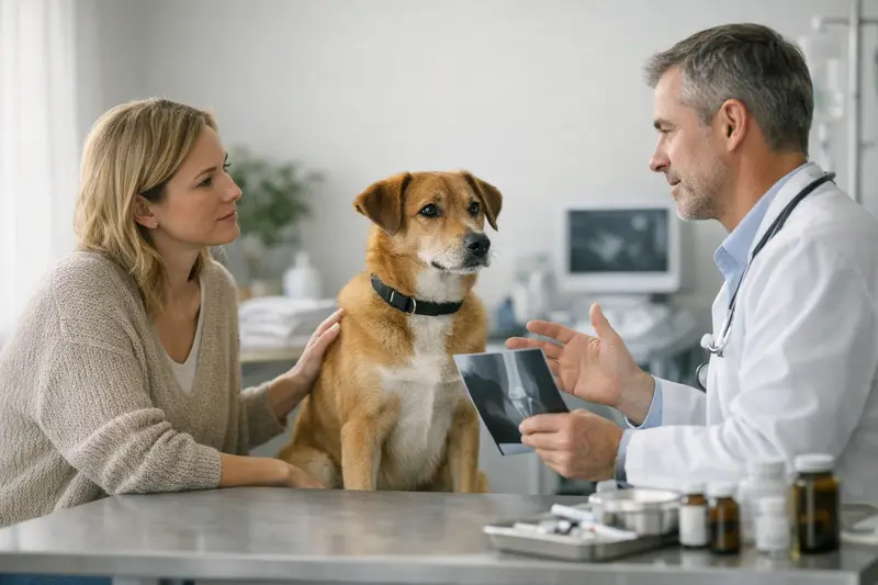 Ein Hund beim Tierarzt, der untersucht wird, während eine Tierhalterin über die OP-Schutz- und Krankenversicherungsoptionen nachdenkt.