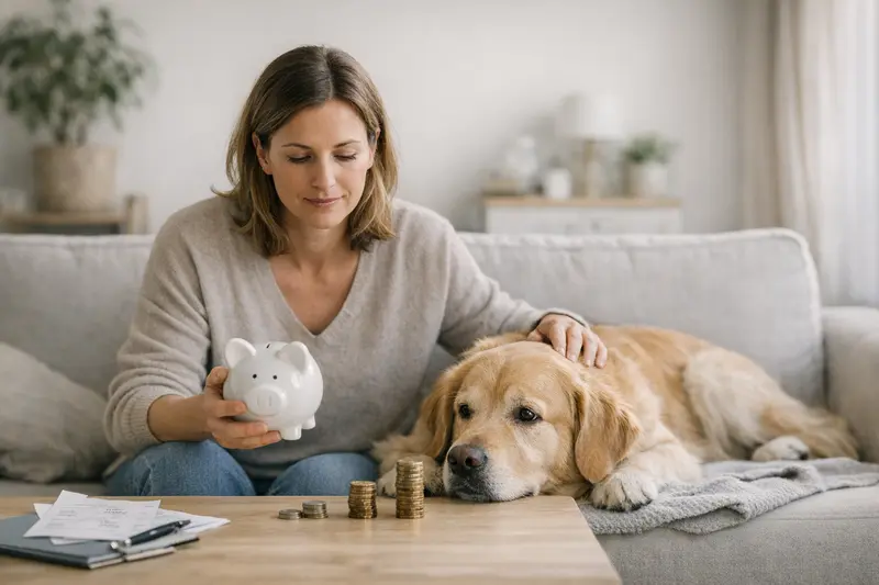 Hund beim Tierarzt – Selbstbeteiligung verstehen Ein Hund sitzt bei einem Tierarzt, während die Besitzerin über Selbstbeteiligung in der Unfallversicherung informiert wird.