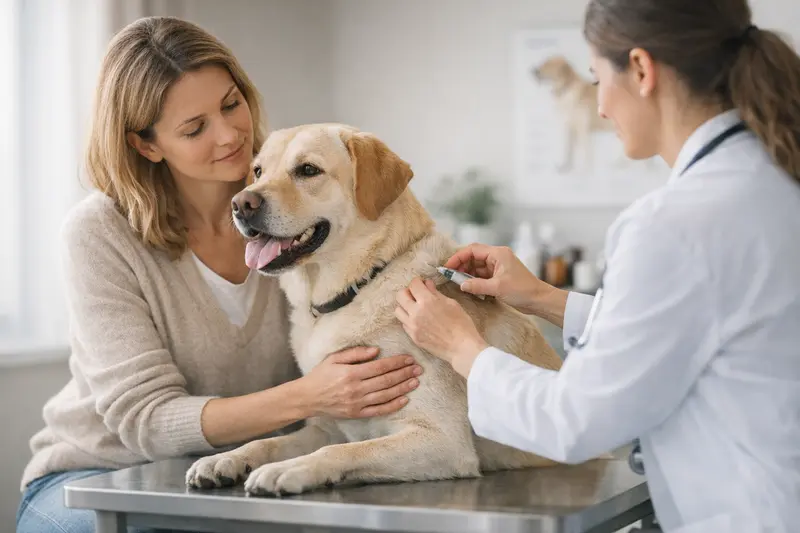 Impfschutz für Hunde im Tierarztbesuch Hund beim Tierarzt zur Impfberatung für Vorsorgeleistungen.