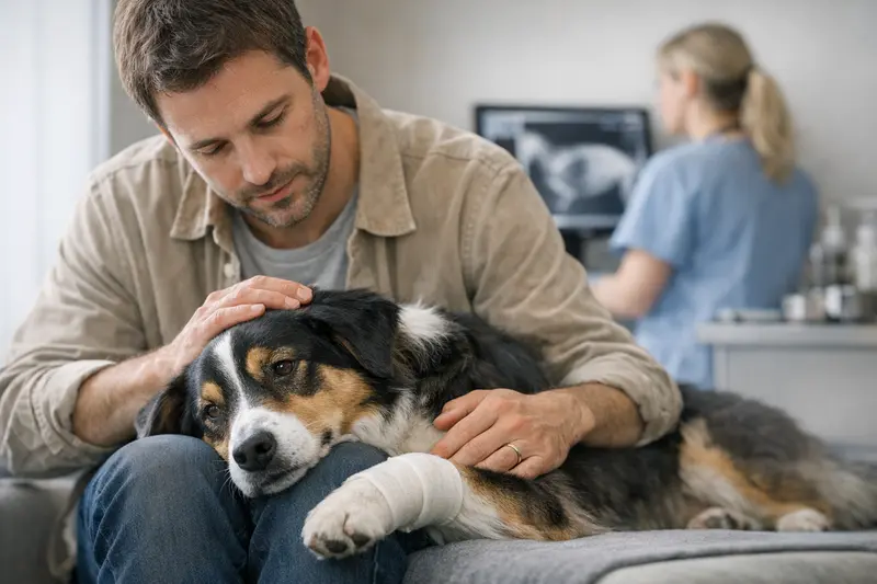 Tierarztkosten für Hunde verstehen Ein Hund in der Tierarztpraxis während einer Kostenbesprechung.