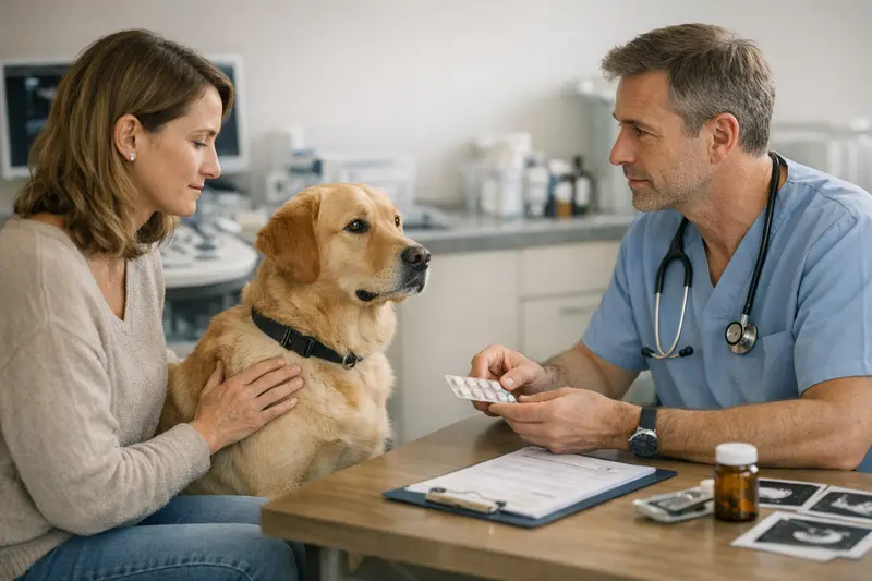 Hund beim Tierarzt, der individuelle Tarifdetails einer Versicherung erklärt.