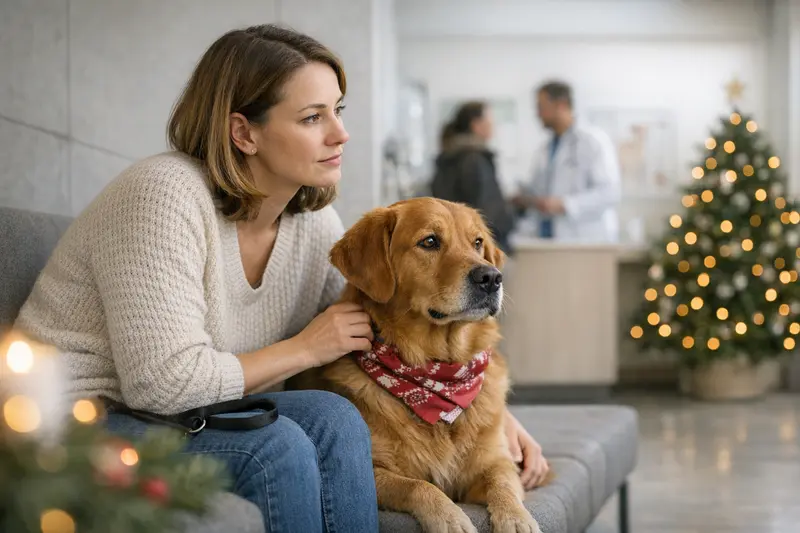 Ein Hundebesitzer bespricht mit einem Tierarzt die Tierarztkosten vor den Feiertagen.