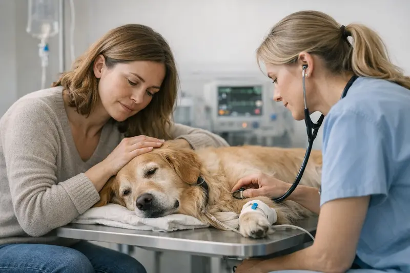 Notdienst-Behandlung bei Hunden Hund wird vom Tierarzt während einer Notdienst-Behandlung untersucht.