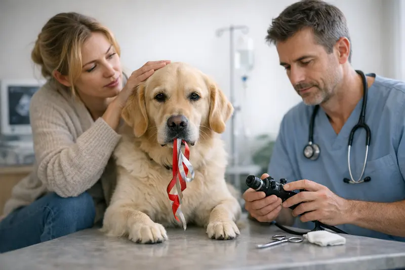 Hund beim Tierarzt zur Abklärung von Fremdkörpern wie Geschenkband